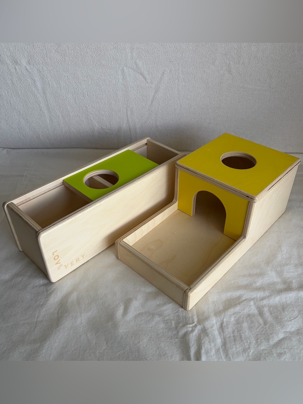 Lovevery Set of Sliding Top Box and Ball Drop Box wooden Montessori style toys